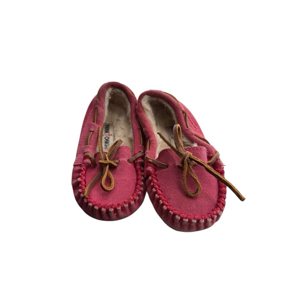 Minnetonka moccasins pink leather Sherpa lined slippers Toddler Girl Sz 7 Flats